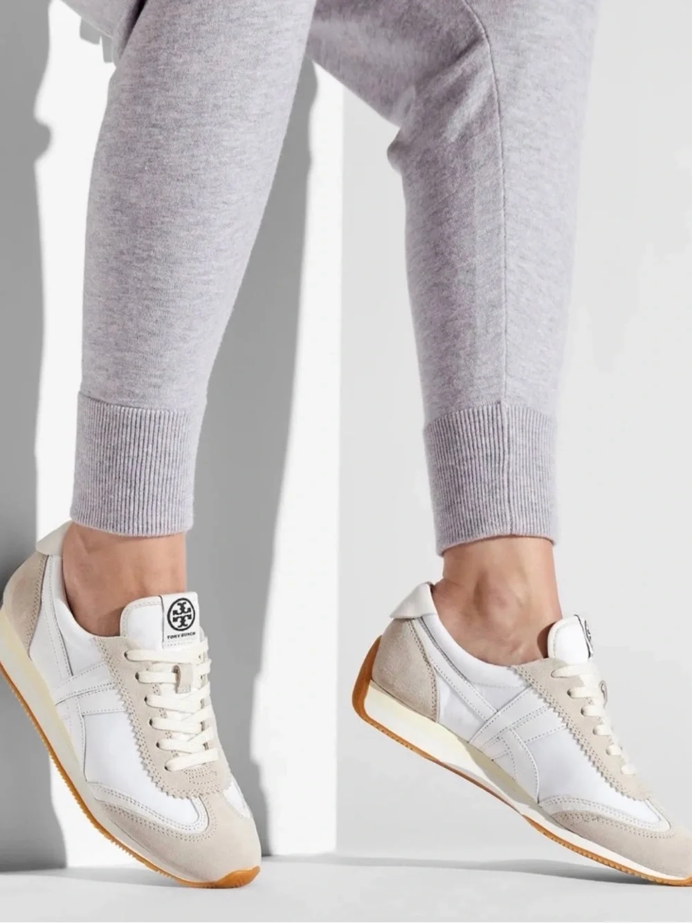 Tory Burch Hank White and Beige Suede Retro Runner Sneaker
